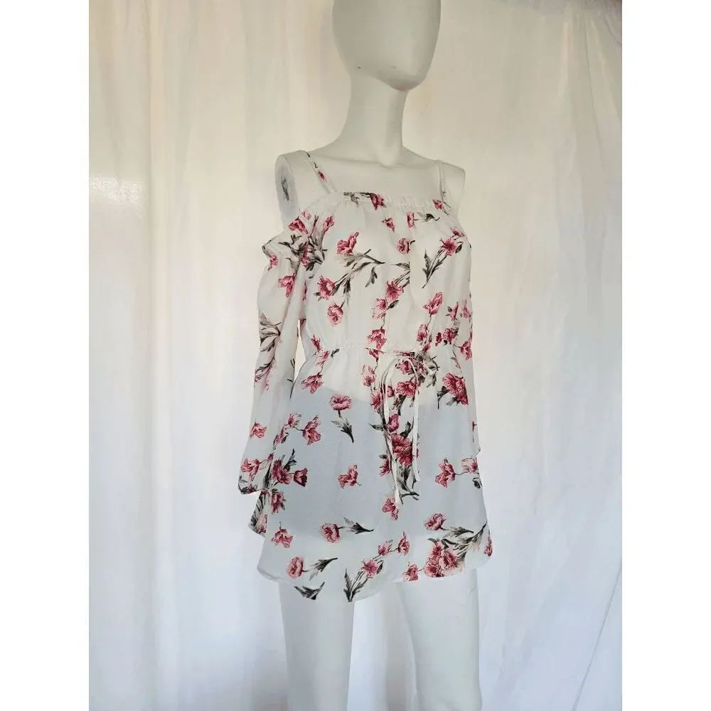 Blush womens white floral cold shoulder tunic blouse size L